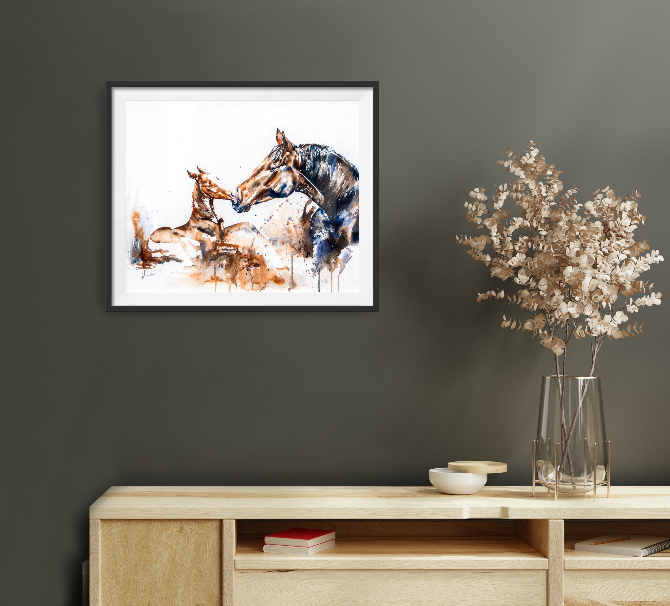 Horse watercolour in a styled interior setting