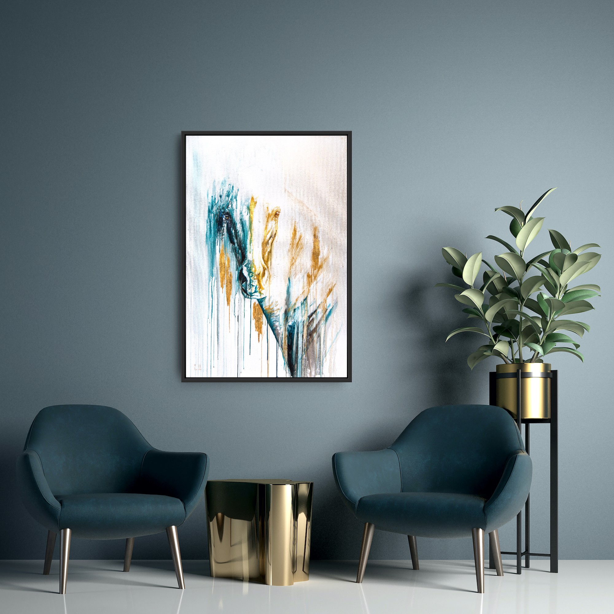 Abstract watercolour between teal chairs