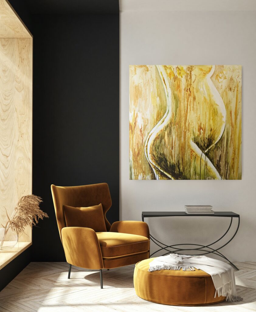 Green horse painting in a bright modern lounge