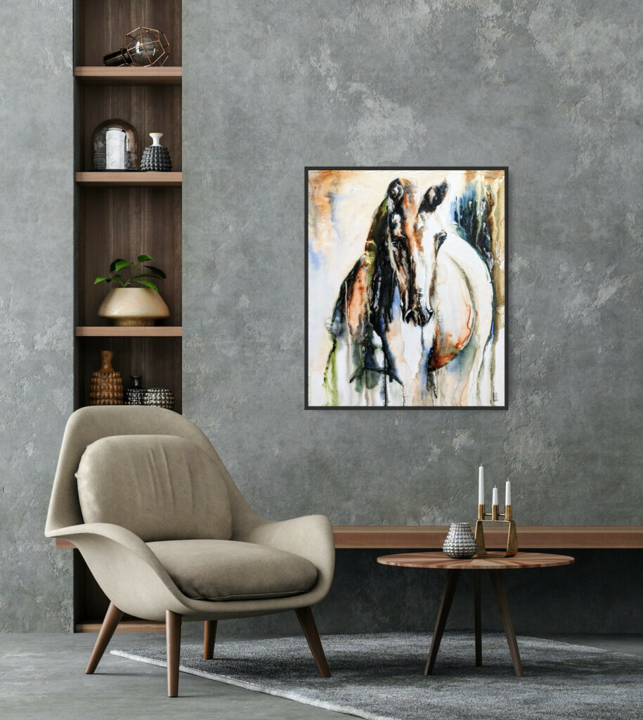 Golden abstract watercolour in a cosy interior